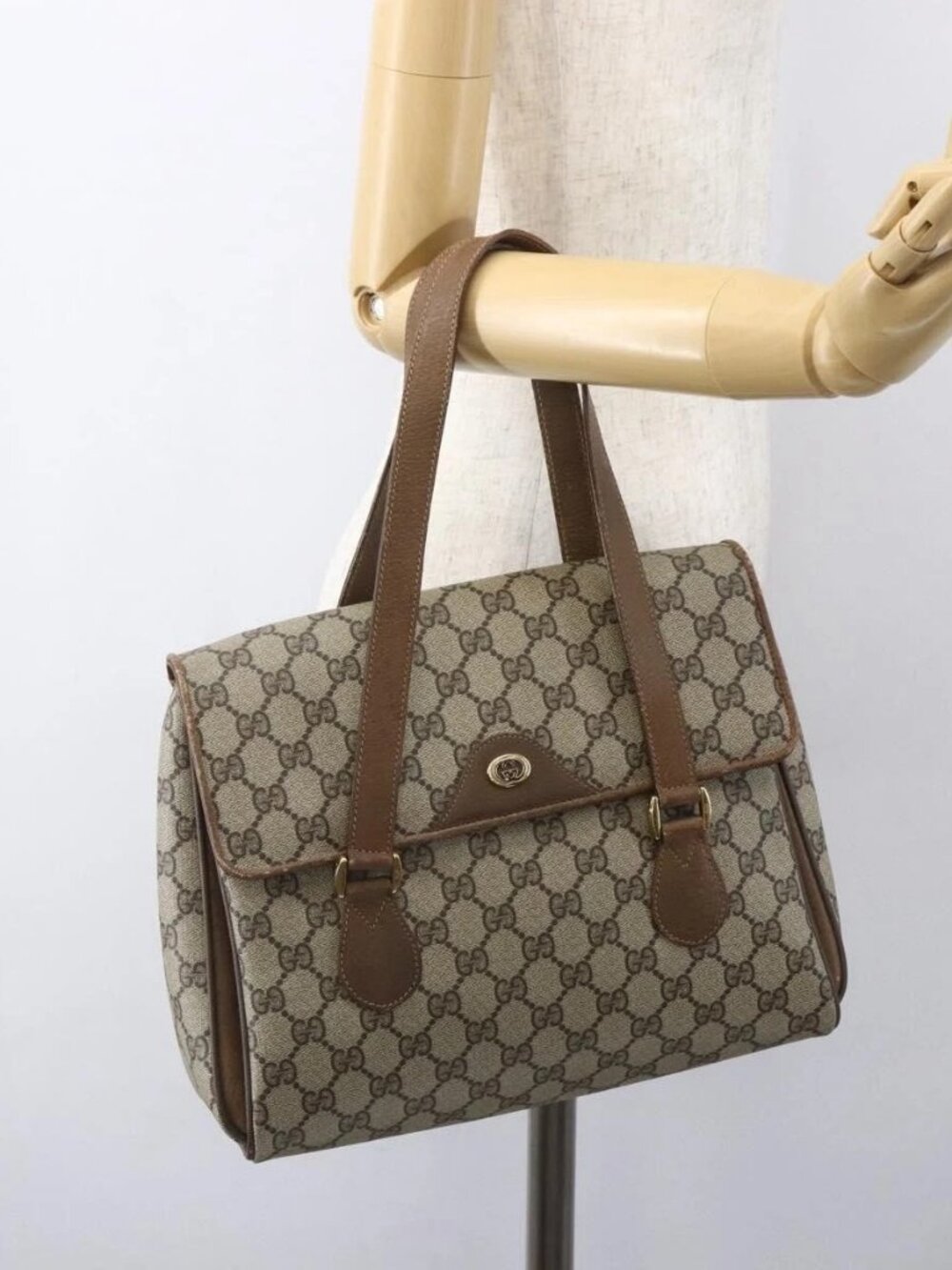 GUCCI GG Supreme Hand Bag PVC Beige Gold 116 02 080 Auth 158457